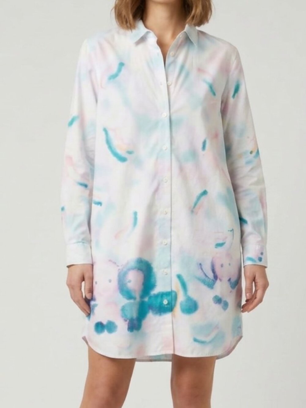 Graniph Natoguyan White Blue Button-Up Shirt Dress Watercolor Print
